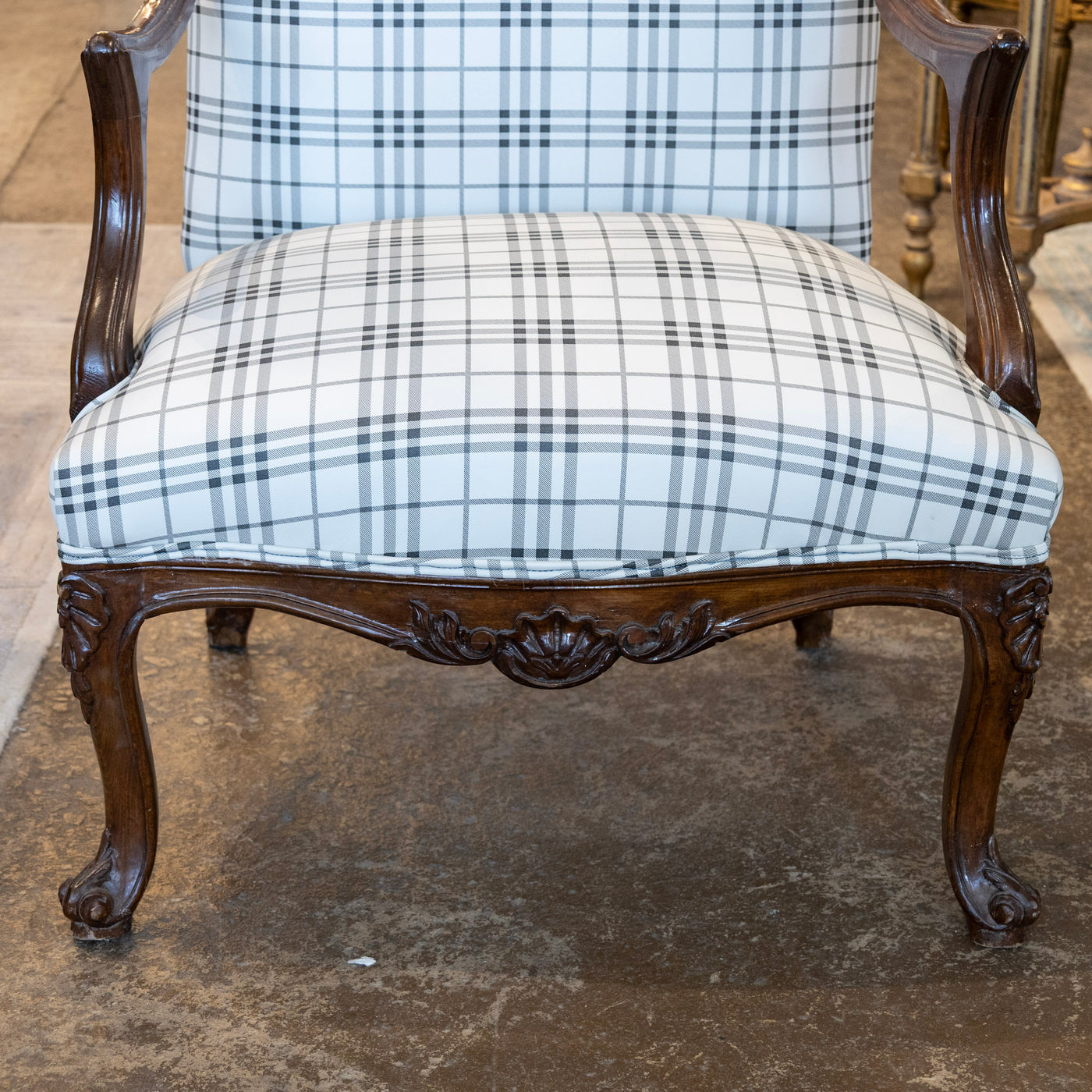 Louis XV Armchair – Walnut Frame & Black Plaid Upholstery
