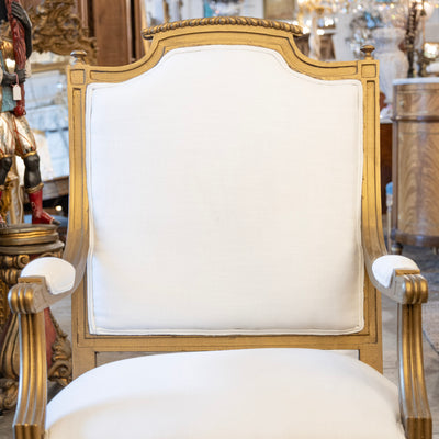 Louis XVI Armchair – Gilded Frame & White Linen Upholstery