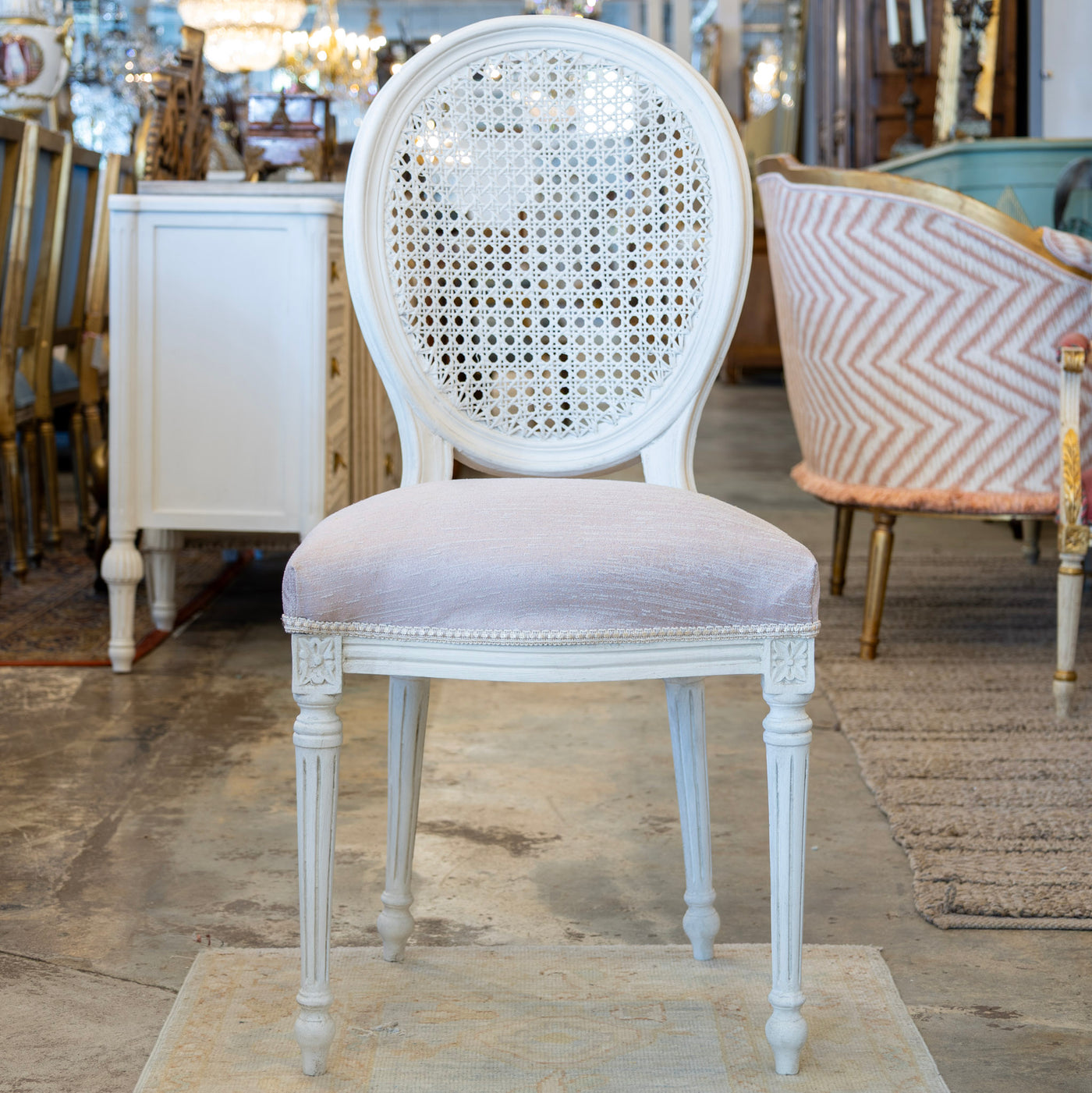 Louis XVI Dining Chair – Cane Back & Blush Pink Linen Upholstery