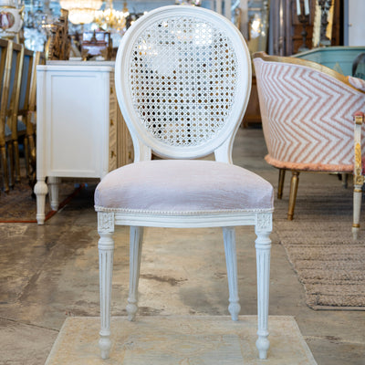 Louis XVI Dining Chair – Cane Back & Blush Pink Linen Upholstery