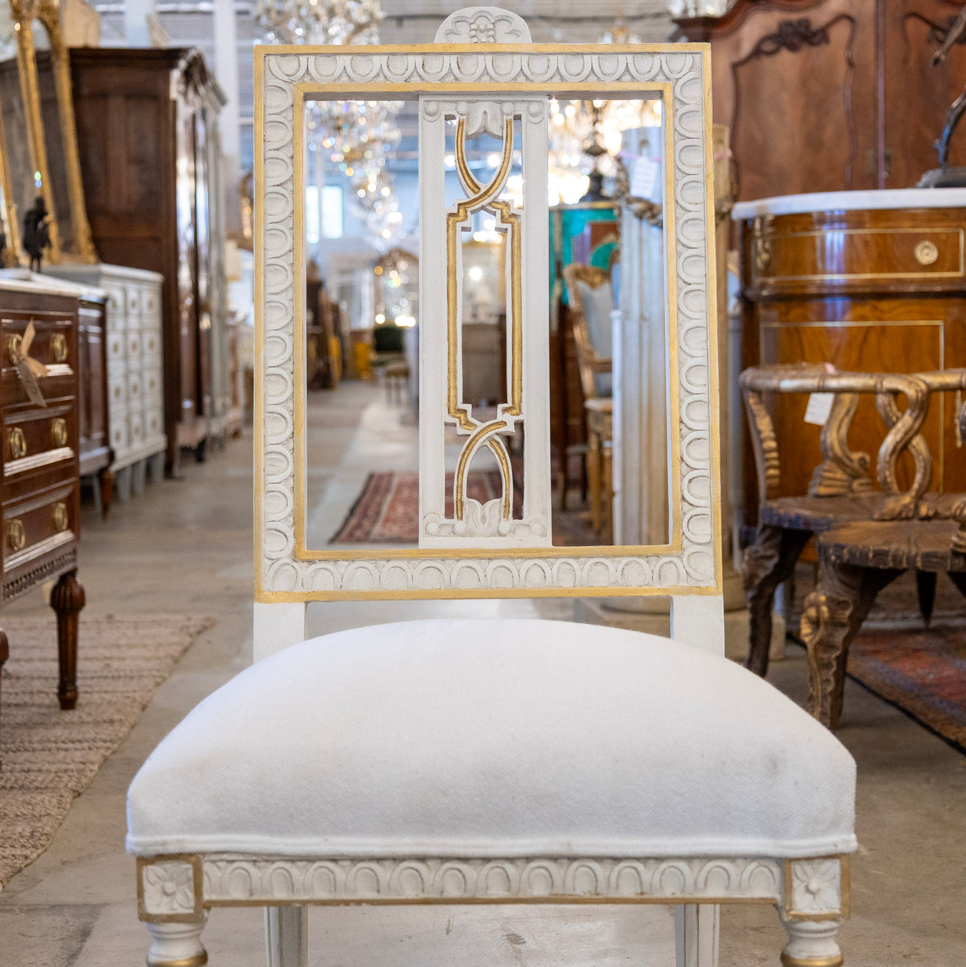 Swedish White & Gold Dining Chair – Carved Open Back & White Linen Upholstery