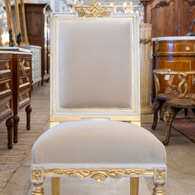 Louis XVI Dining Chair – White and Gold Detailing & Grey Velvet Upholstery