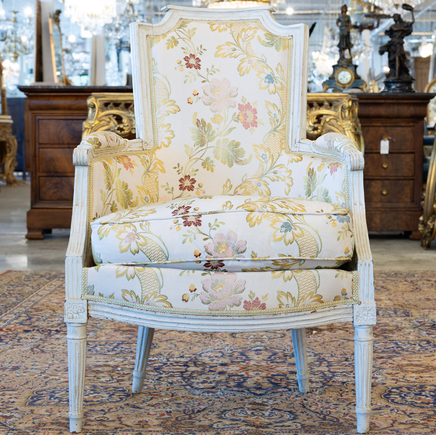 Pair of Louis XVI White Bergère Chair –Carved Frame & Original Floral Upholstery