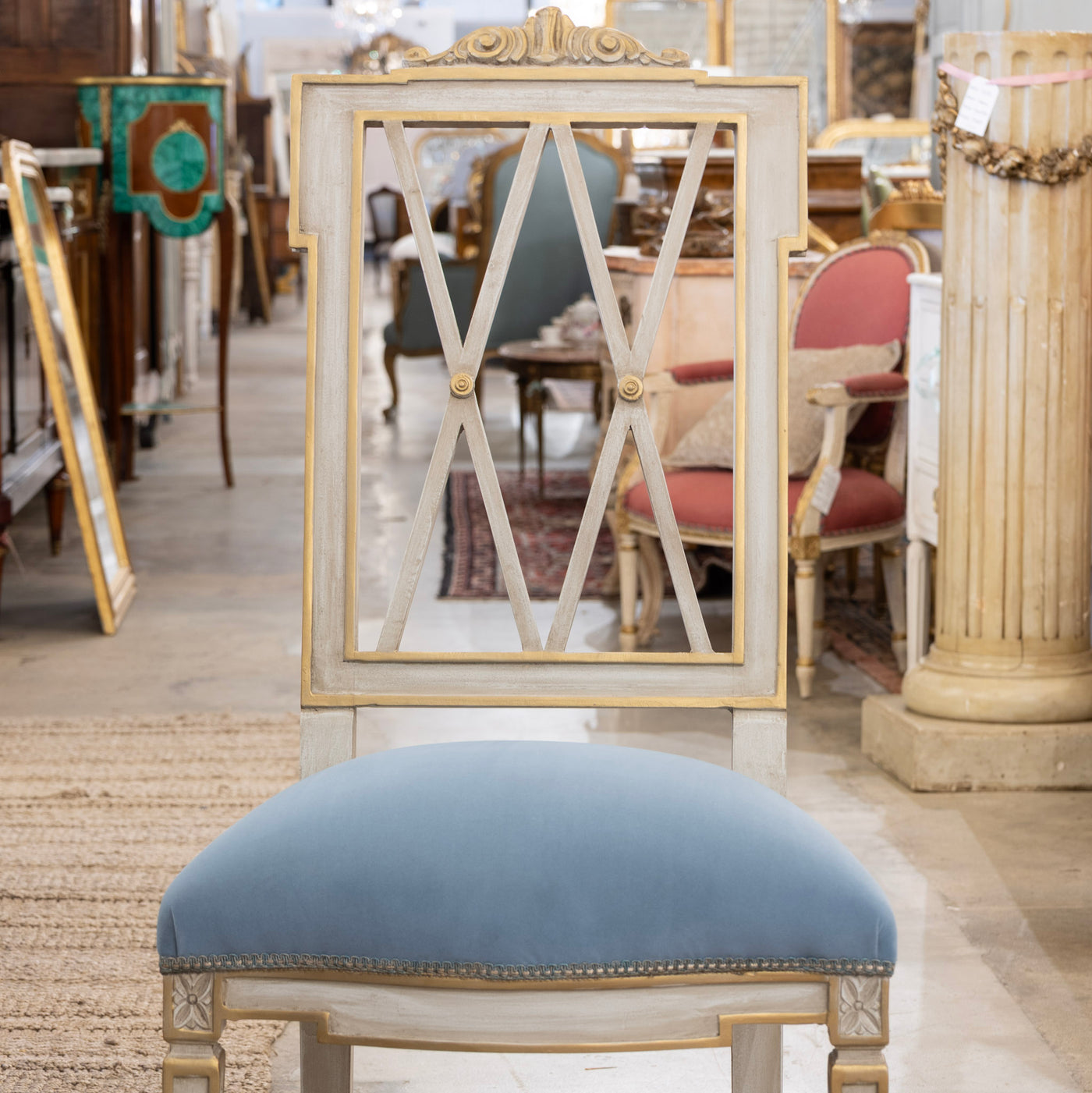 Louis XVI Dining Chair – Carved Open Back & Blue Velvet