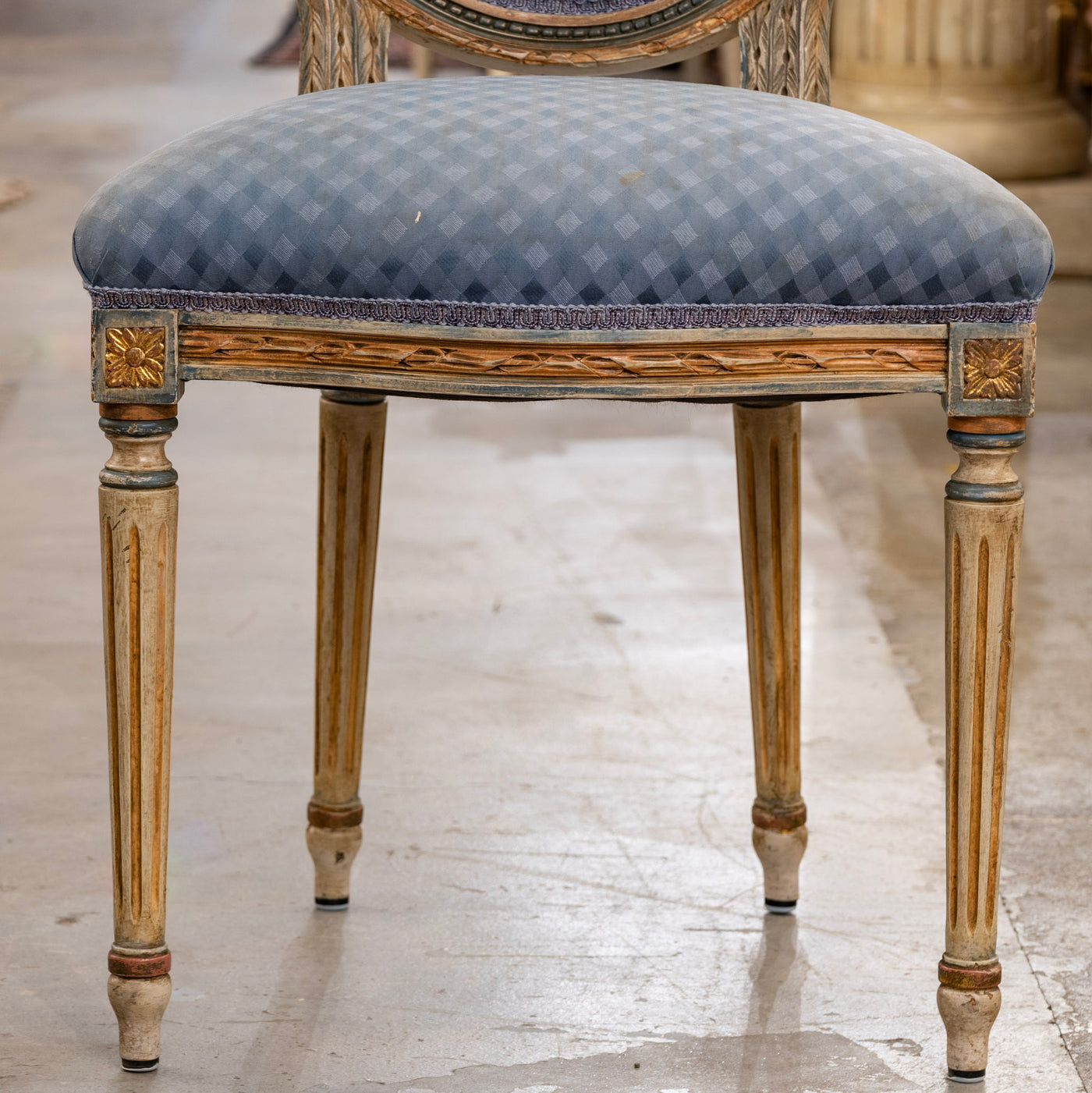 Set of 4 Louis XVI Dining Chairs – Original Blue Fabric and Paint
