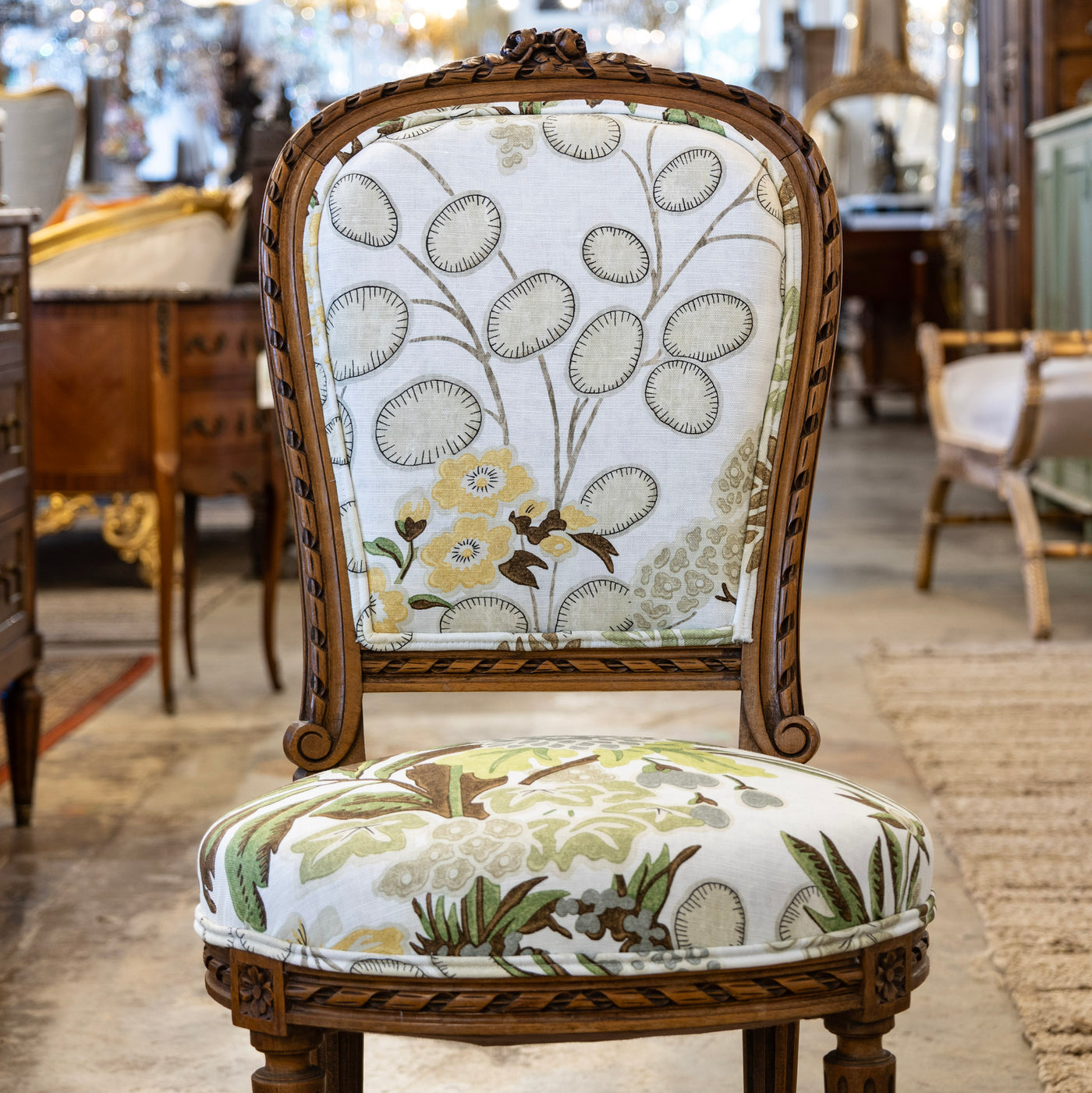 Pair of Louis XVI Side Chairs – Carved Brown Frame & Floral and Green Velvet Upholstery