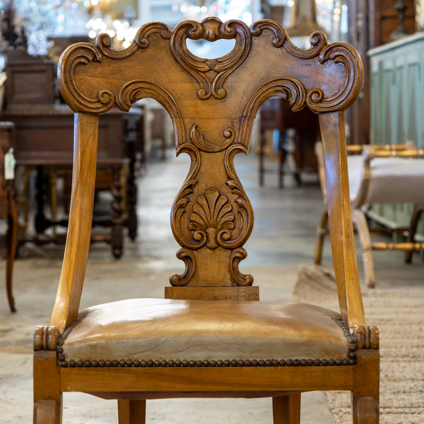 Biedermeier Dining Chair – Carved Scroll Back & Original Leather Seat