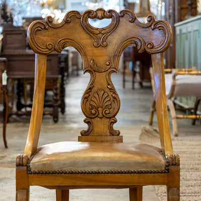 Biedermeier Dining Chair – Carved Scroll Back & Original Leather Seat