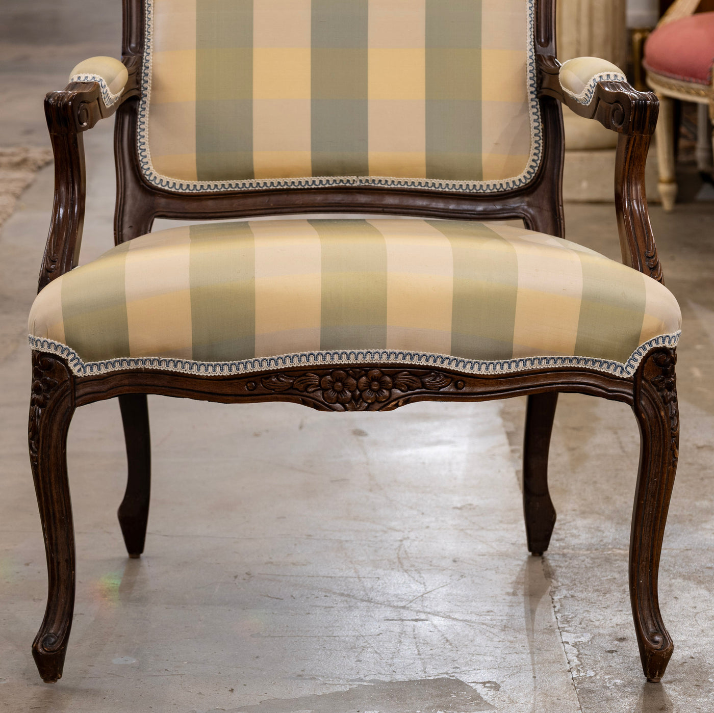 Pair of Louis XV Carved Armchairs – Brown Frame with Green and Yellow Checked Upholstery
