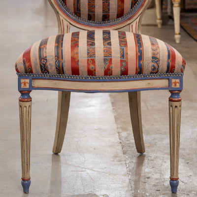 Pair of Louis XVI Accent Chairs – Blue and Red Painted Frames with Striped Upholstery