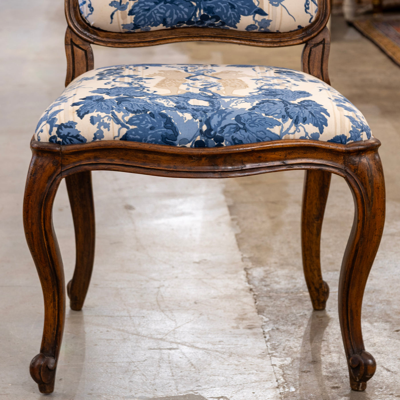 Pair of Louis XV Accent Chairs – Brown Frame with Blue & Cream Mythological Upholstery