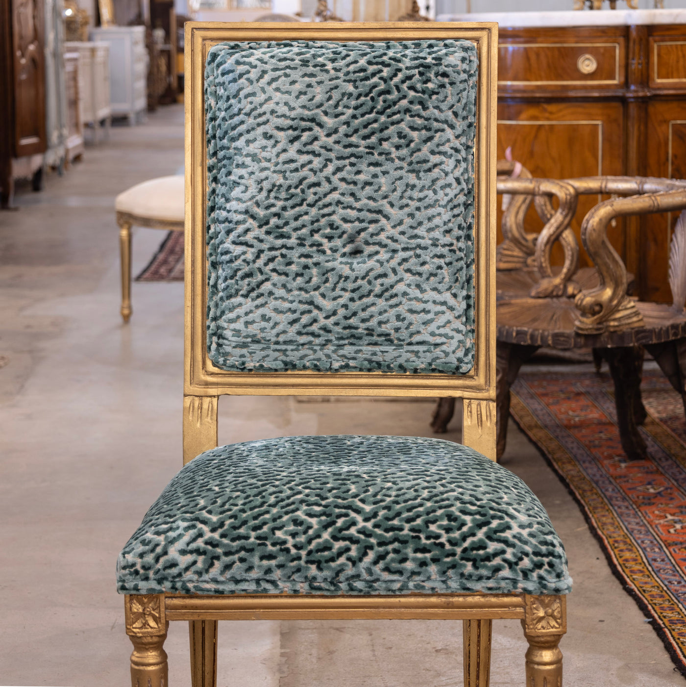 Louis XVI Gilded Dining Chair – Teal Leopard Patterned Velvet