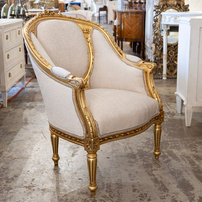 Louis XVI Gilded Round Bergère Chair – White Silk Weave Upholstery