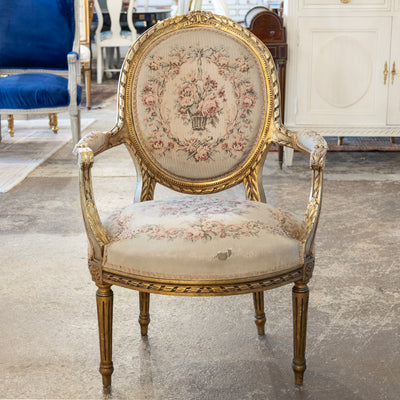 Louis XVI Gilded Armchair – Original Aubusson Floral Upholstery