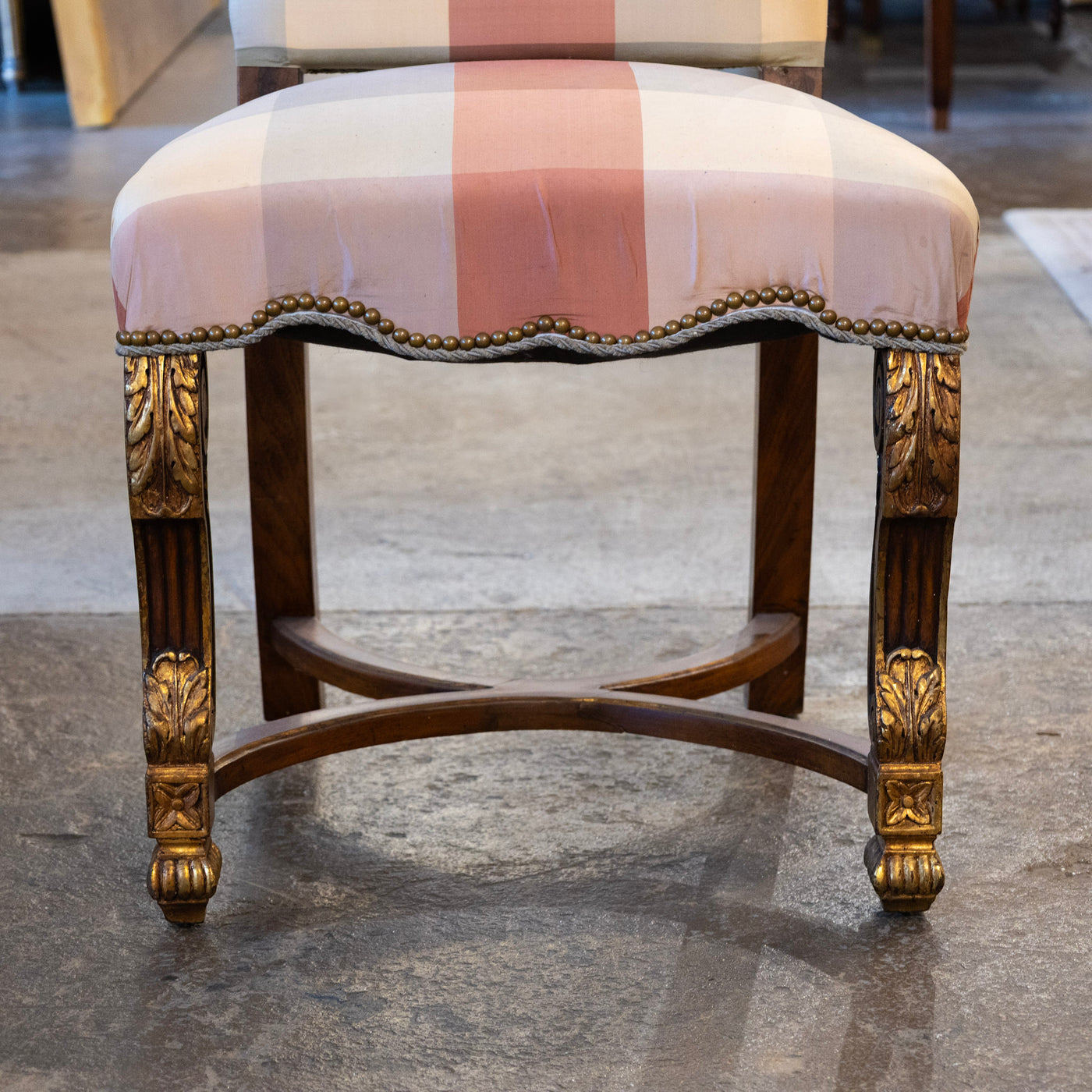Pair of Louis XVI Accent Chairs – Gilded Details & Plaid Upholstery