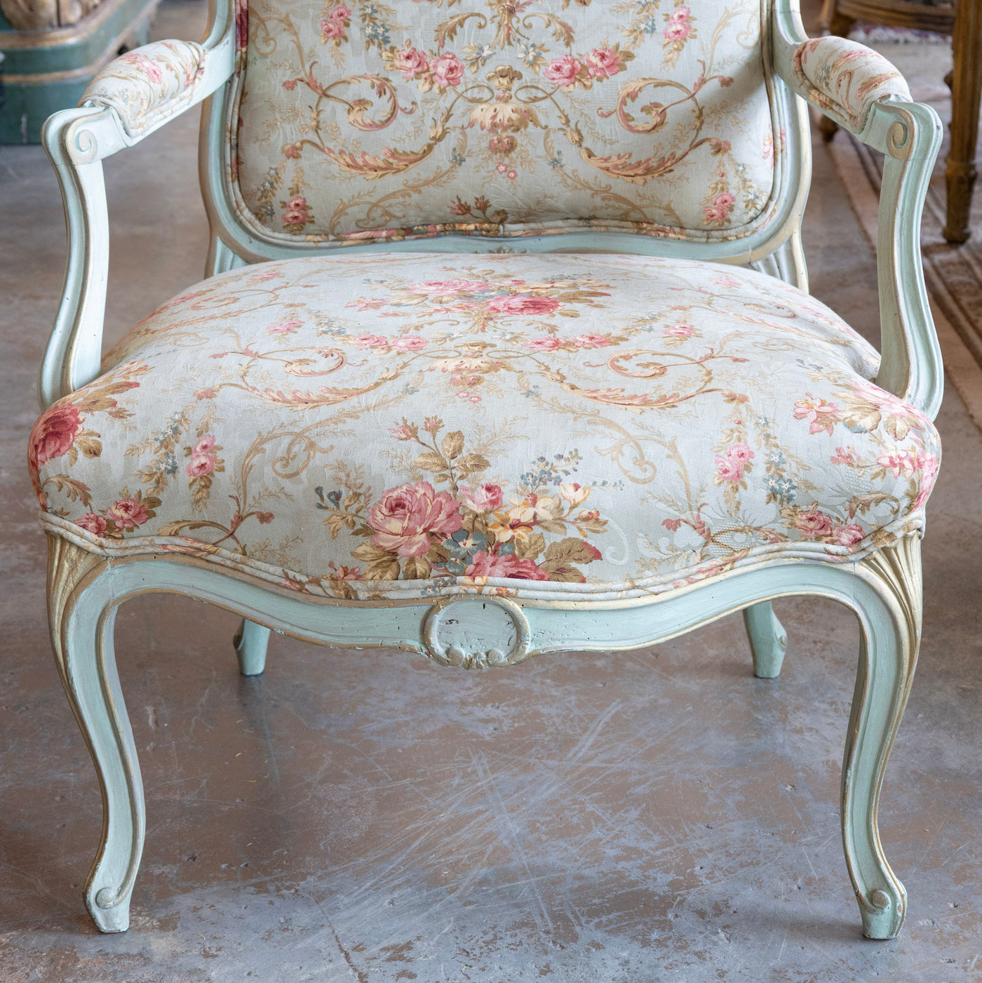 Louis XV Armchair – Soft Green Painted Frame with Aubusson Floral Upholstery