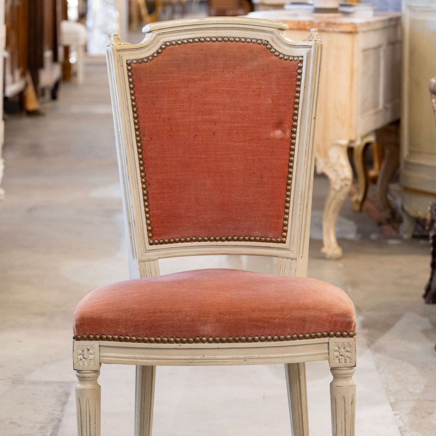 Louis XVI Dining Chair – Antique White Frame with Original Deep Rose Upholstery
