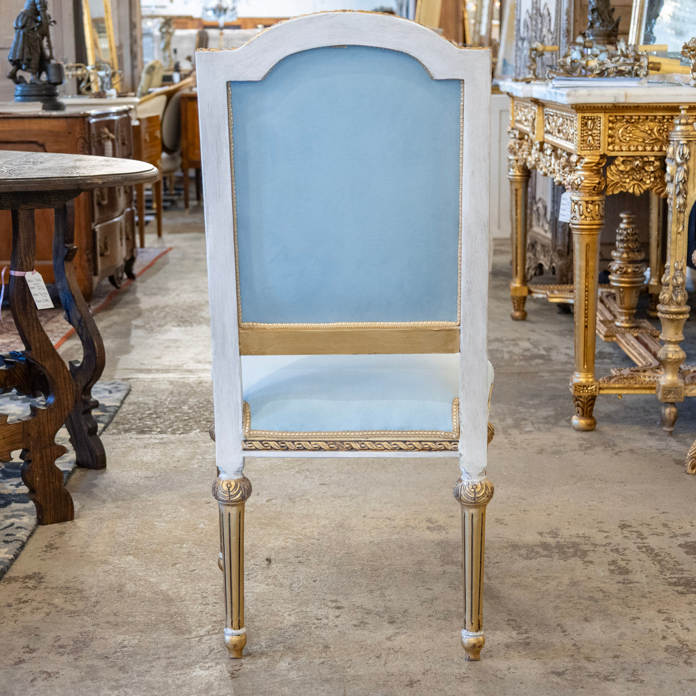 Louis XVI Square Dining Chair – Gold & White Trim with Blue Velvet