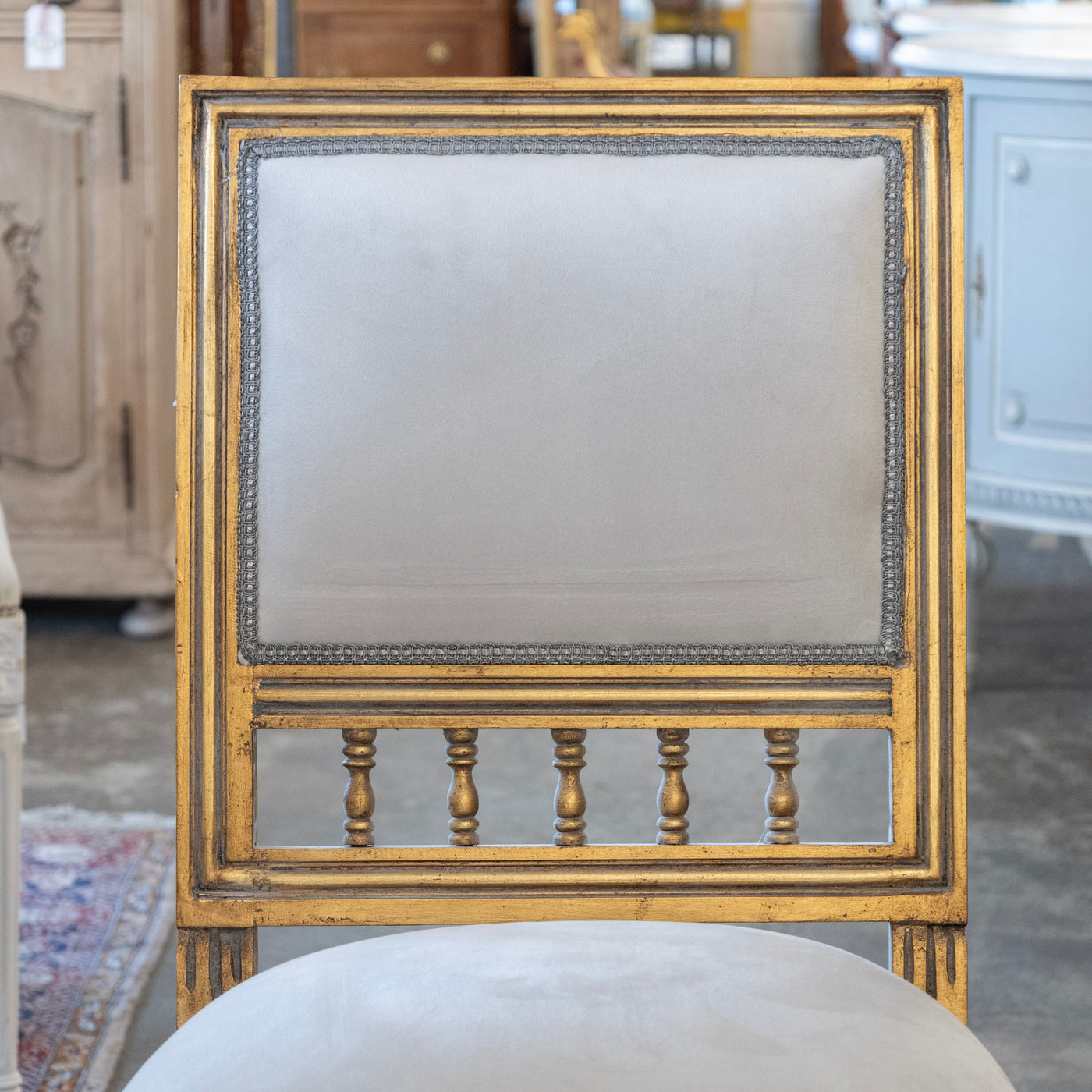 Louis XVI Square Open Back Gilded Dining Chair – Soft Grey Velvet Upholstery