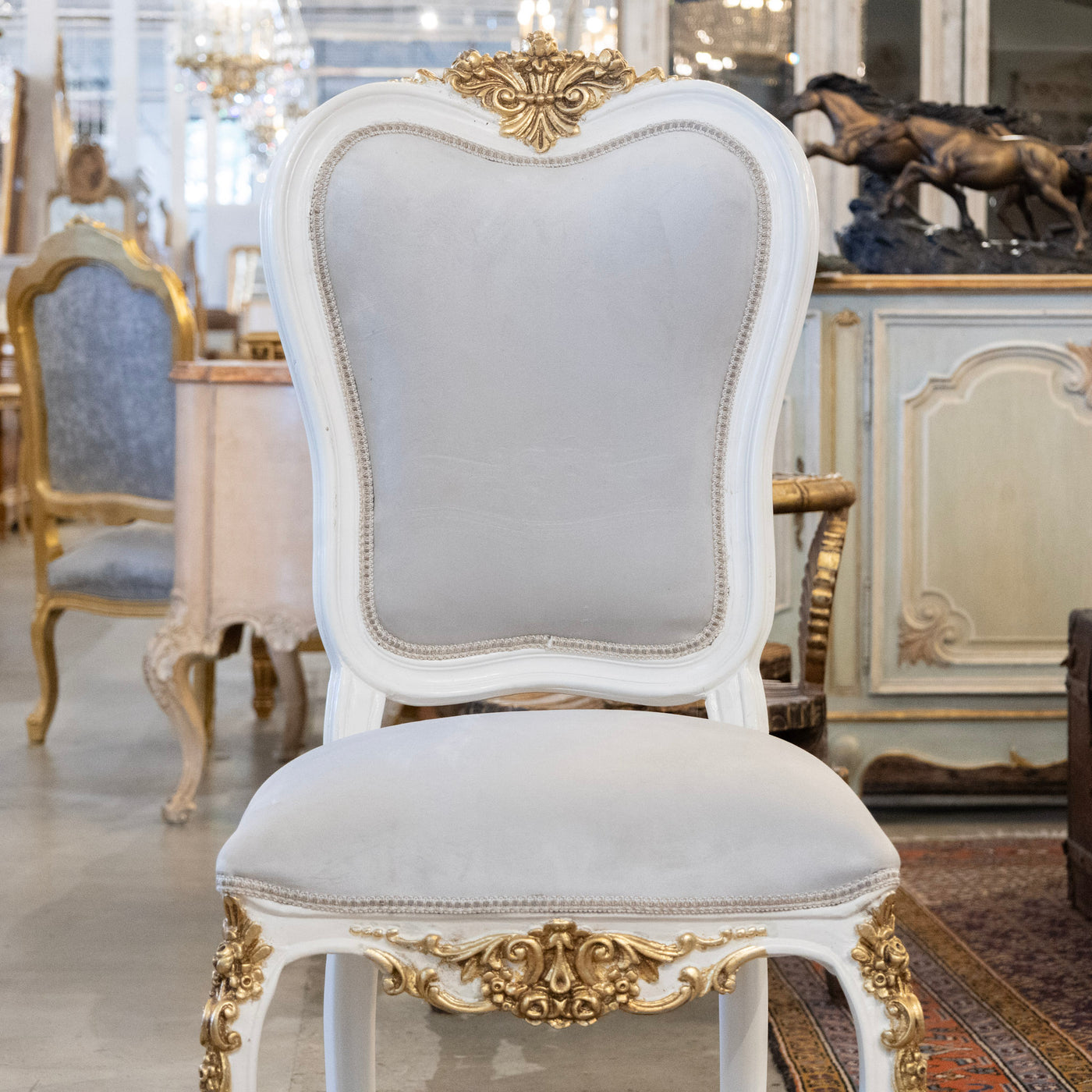 Grand Louis XV Style White & Gold Round Dining Chair – Grey Velvet Upholstery