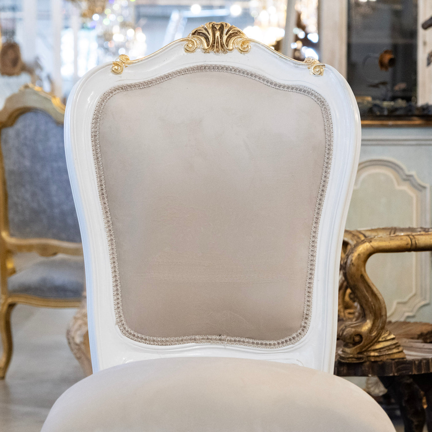Louis XV Style White & Gold Round Dining Chair – Grey Velvet Upholstery