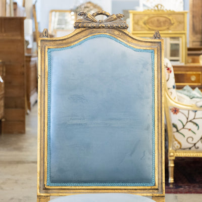 Louis XVI Gilded Square Dining Chair –  Carved Crest & Blue Velvet Upholstery