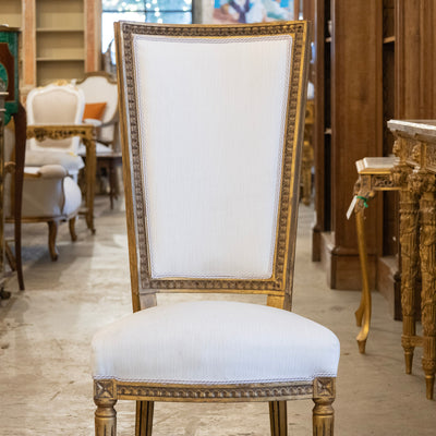 Louis XVI Tall Back Gilded Dining Chair – White Linen Upholstery