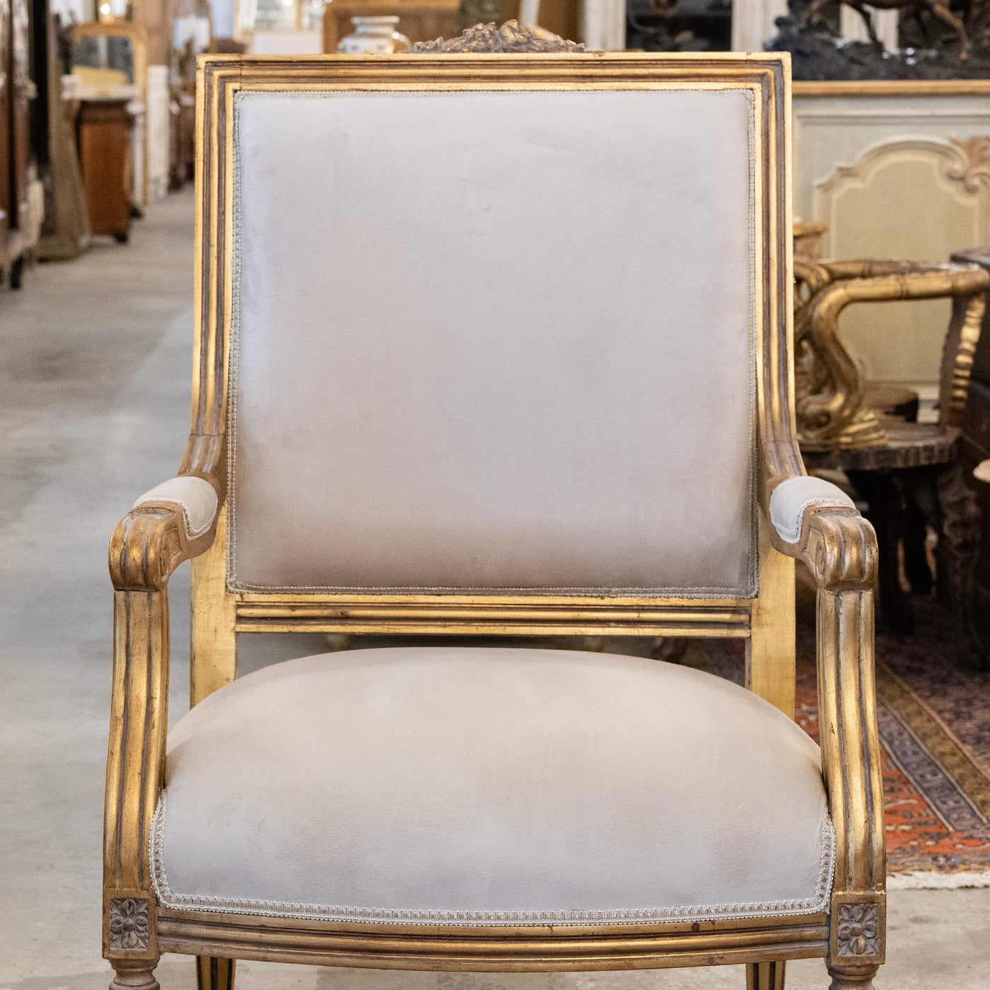 Pair of Louis XVI Gilded Captain Chairs – Cream Velvet Upholstery