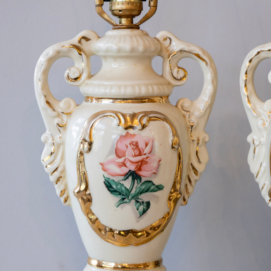 French Ceramic Table Lamps – Rose Painted & Gilded Accents – Le