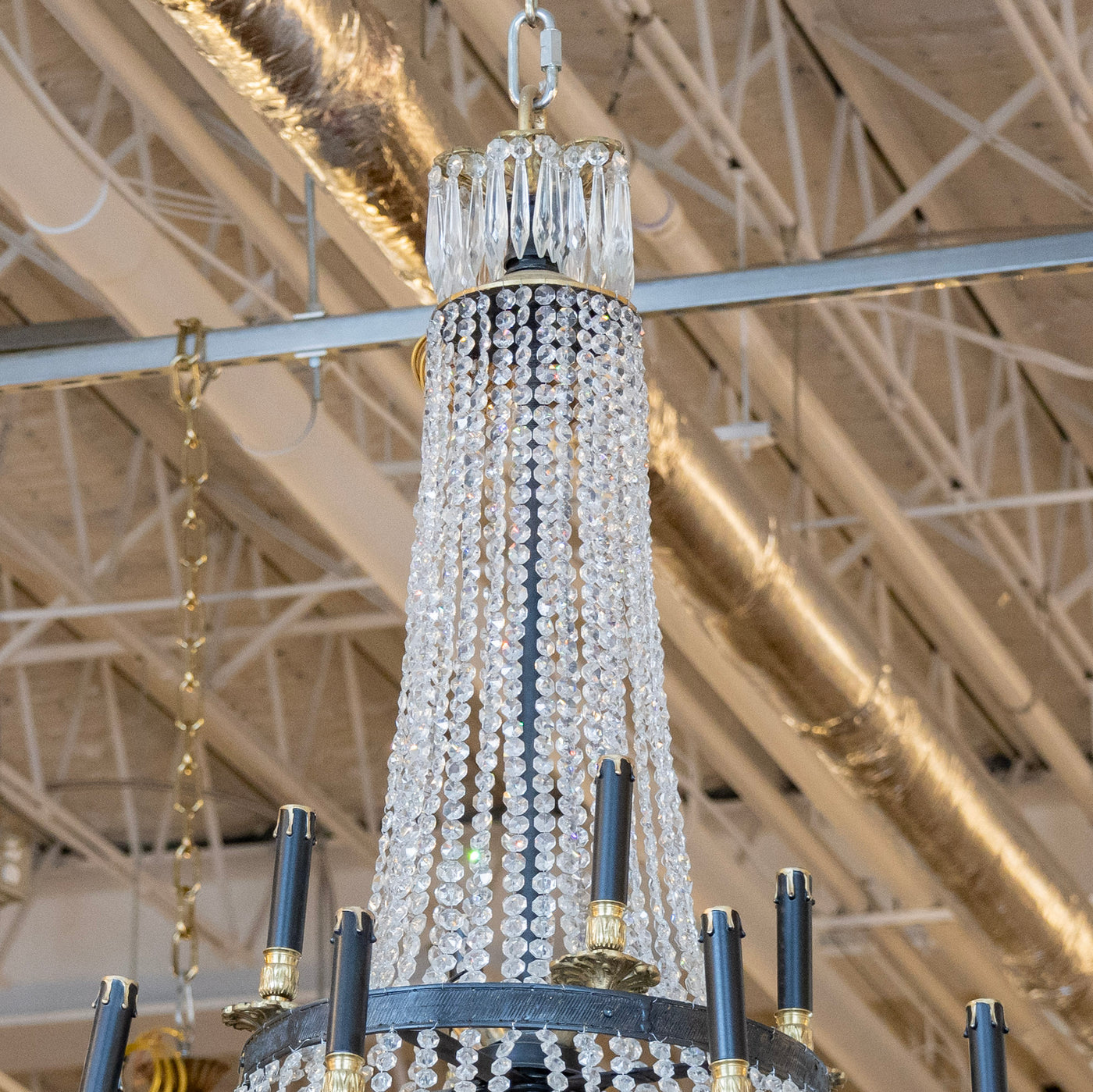 French Empire Iron Basket Chandelier – Beaded Crystal & Brass