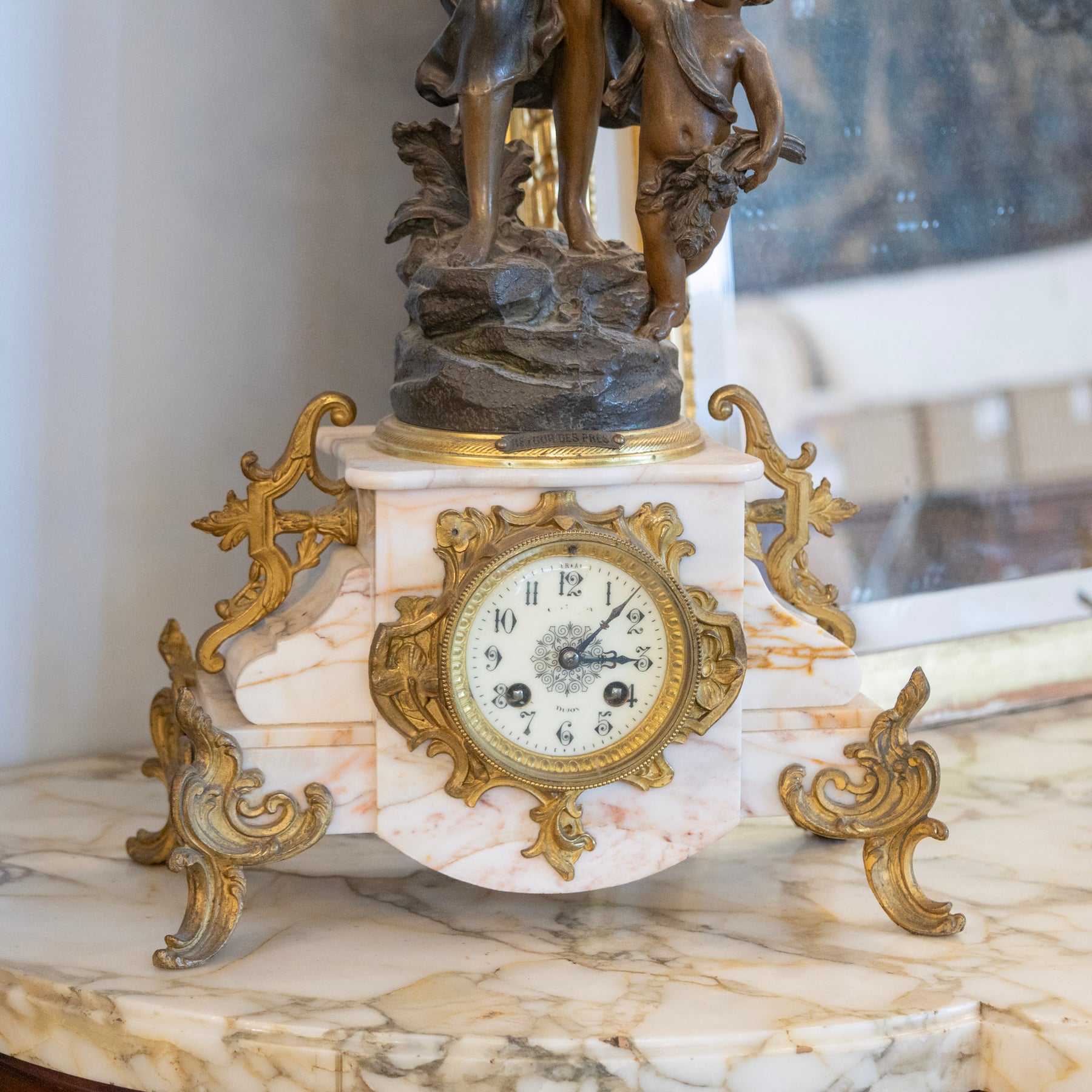 French Pink Marble Clock Set - Raingo Frères Sculpture