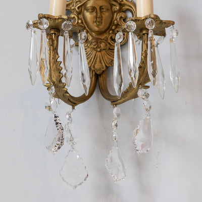 Pair of Medusa Rococo Brass Wall Sconces –  Swarovski Crystal Drops