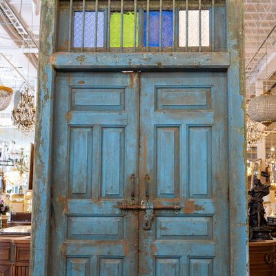 Blue Painted Double Doors – Distressed Finish with Stained Glass Transom - Door | Le Chateau (Atlanta, GA) • 2