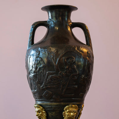 Pair of Neoclassical Black Vases – Gilt Head Carving Base - Vases | Le Chateau (Atlanta, GA) • 2