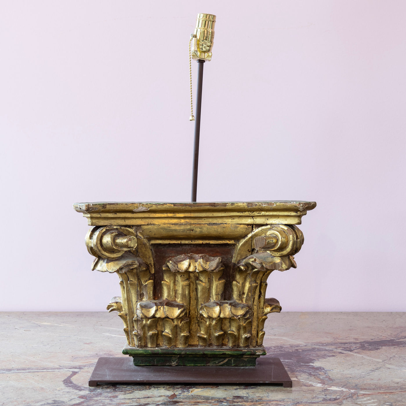 Pair of Gilded Corinthian Column Lamps – Carved Wood Base