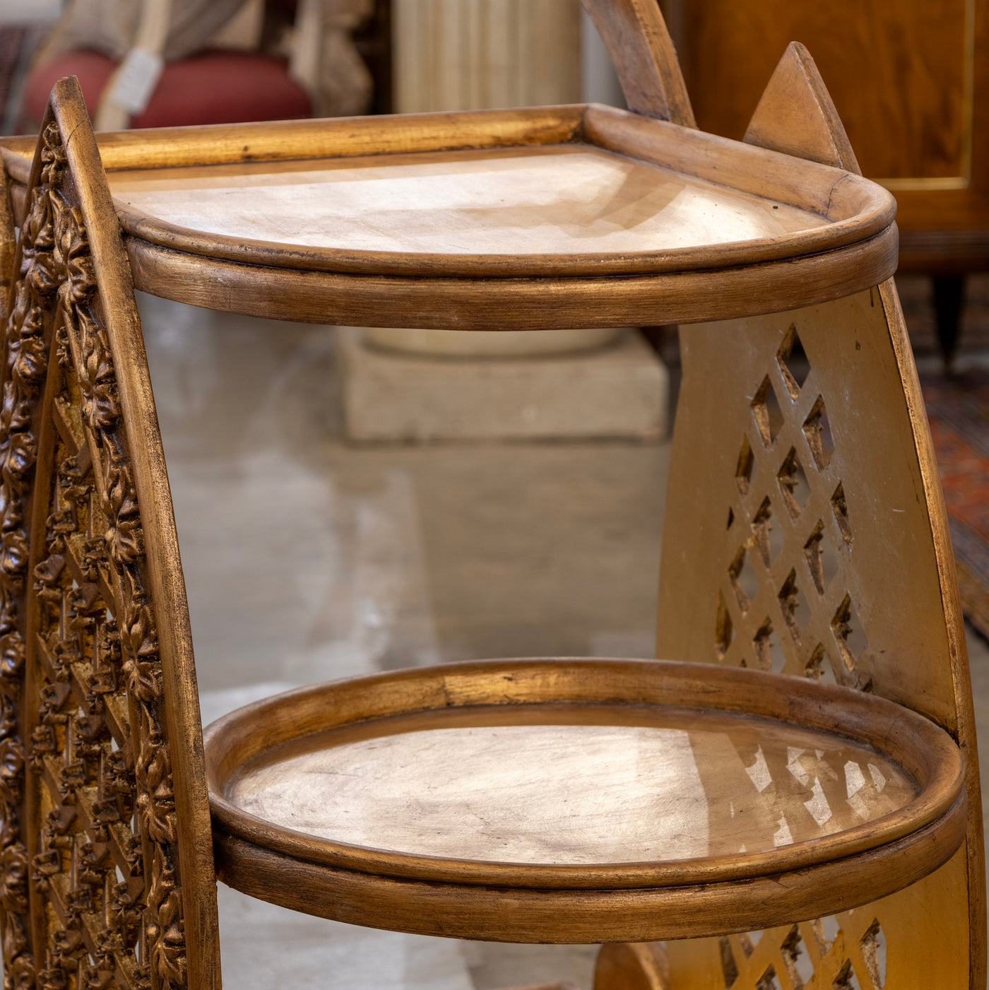 Gilded Italian Bar Cart – Carved Leaf Motifs & Lattice Paneling