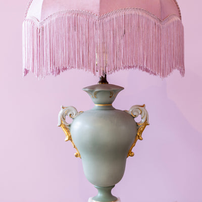 French Porcelain Lamp – Hand-Painted Roses & Pink Fringe Shade