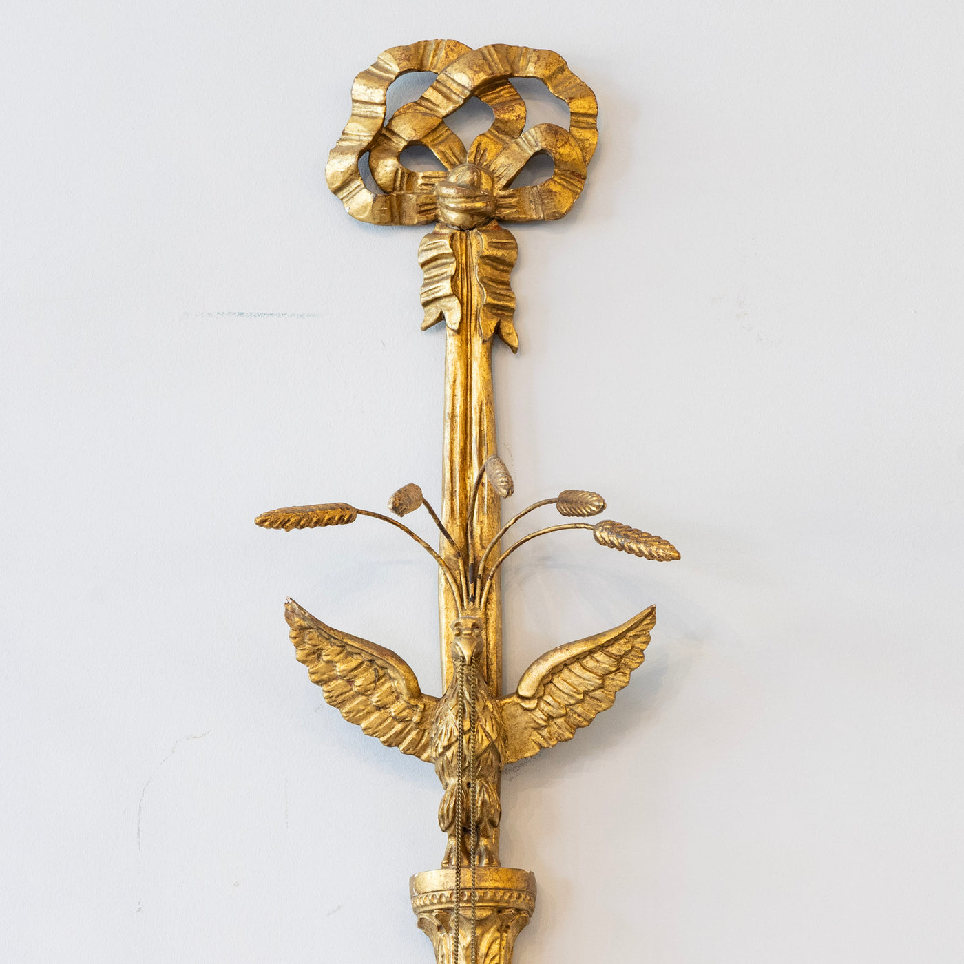 Pair of Louis XVI Gilded Wall Sconces – Carved Ribbon Crest & Eagle Motif