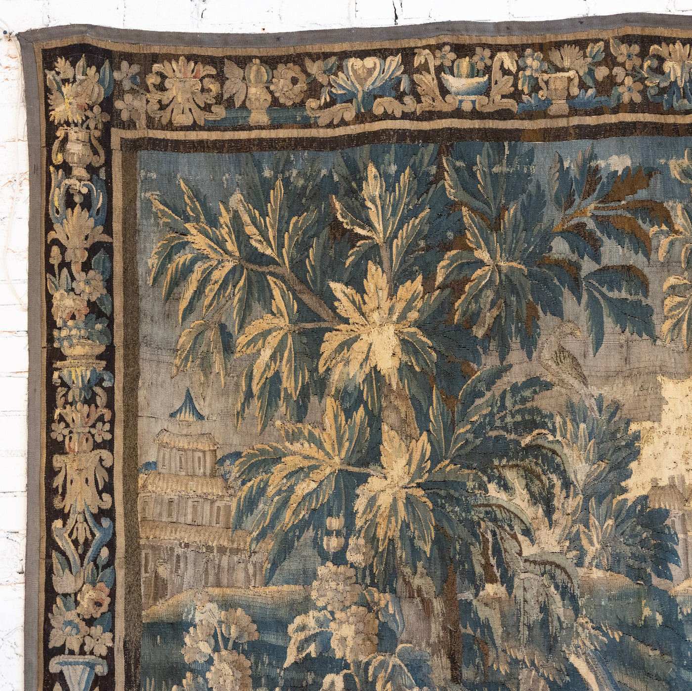 Antique French Flemish Tapestry – Handwoven Verdure Scene with Birds & Architecture