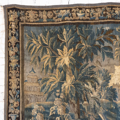 Antique French Flemish Tapestry – Handwoven Verdure Scene with Birds & Architecture