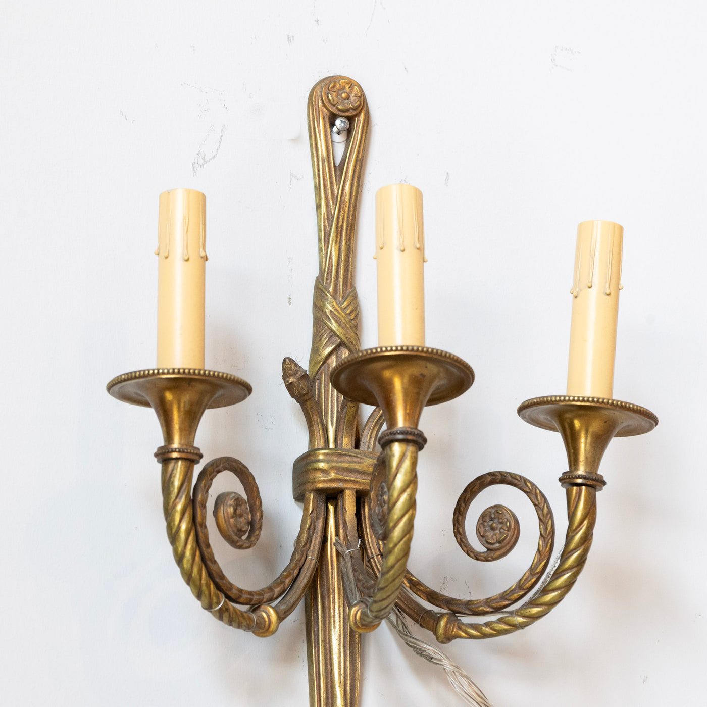 Pair of Louis XVI Brass Wall Sconces – Tassel Frame & Rope Twist Arms - Wired Sconces | Le Chateau (Atlanta, GA) • 3