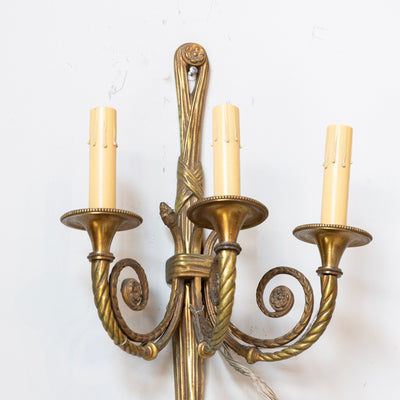 Pair of Louis XVI Brass Wall Sconces – Tassel Frame & Rope Twist Arms - Wired Sconces | Le Chateau (Atlanta, GA) • 3