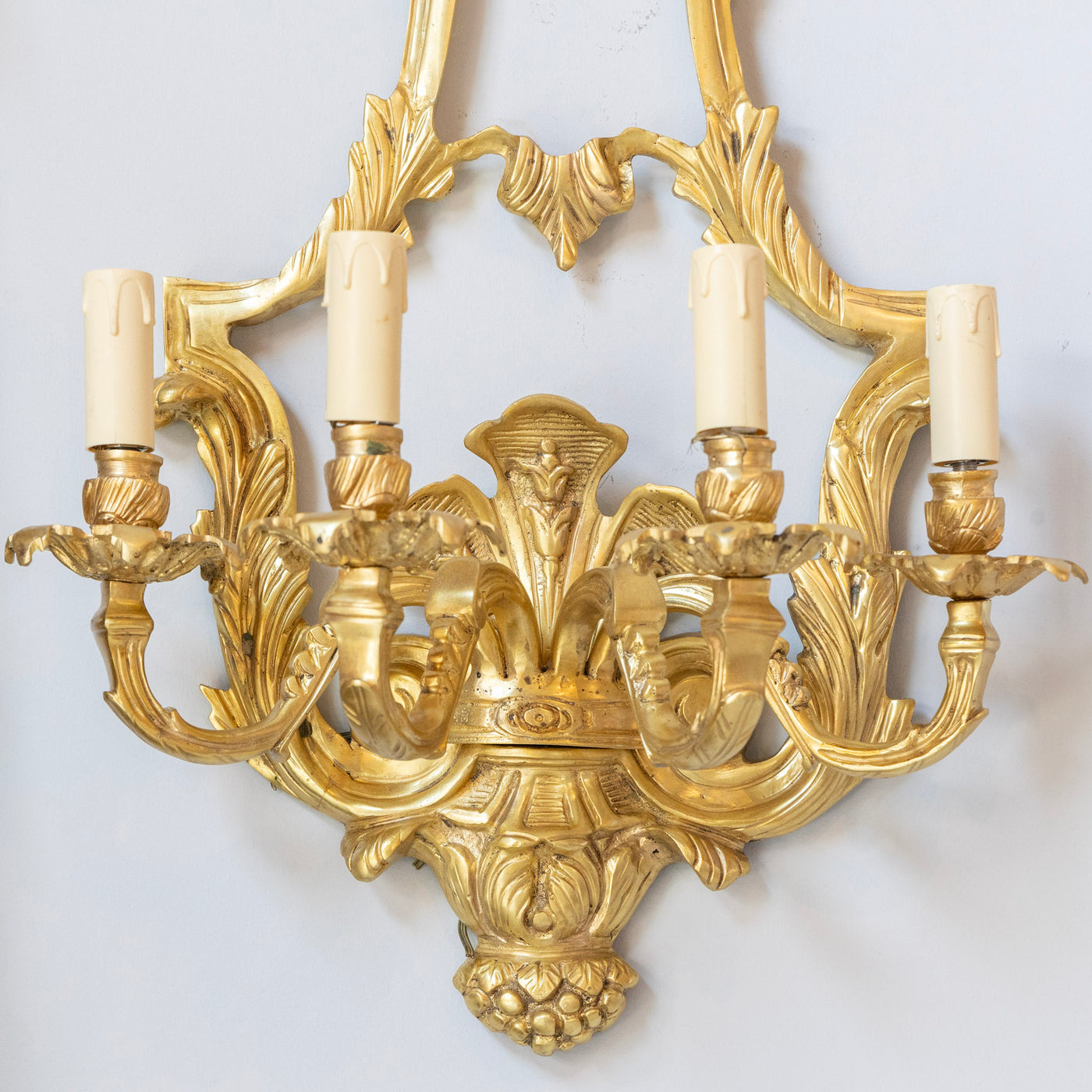Pair Louis XVI Grand Gilded Wall Sconces – Bright Gold with Leaf Carvings - Wired Sconces | Le Chateau (Atlanta, GA) • 6