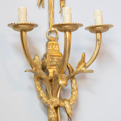Pair of Louis XVI Grand Gilded Wall Sconces – Bright Gold with Bow Frame - Wired Sconces | Le Chateau (Atlanta, GA) • 5
