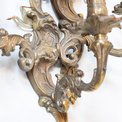 Pair of Louis XV Aged Brass Sconces – Rococo Scrollwork & Five Candle Arms - Wired Sconces | Le Chateau (Atlanta, GA) • 8