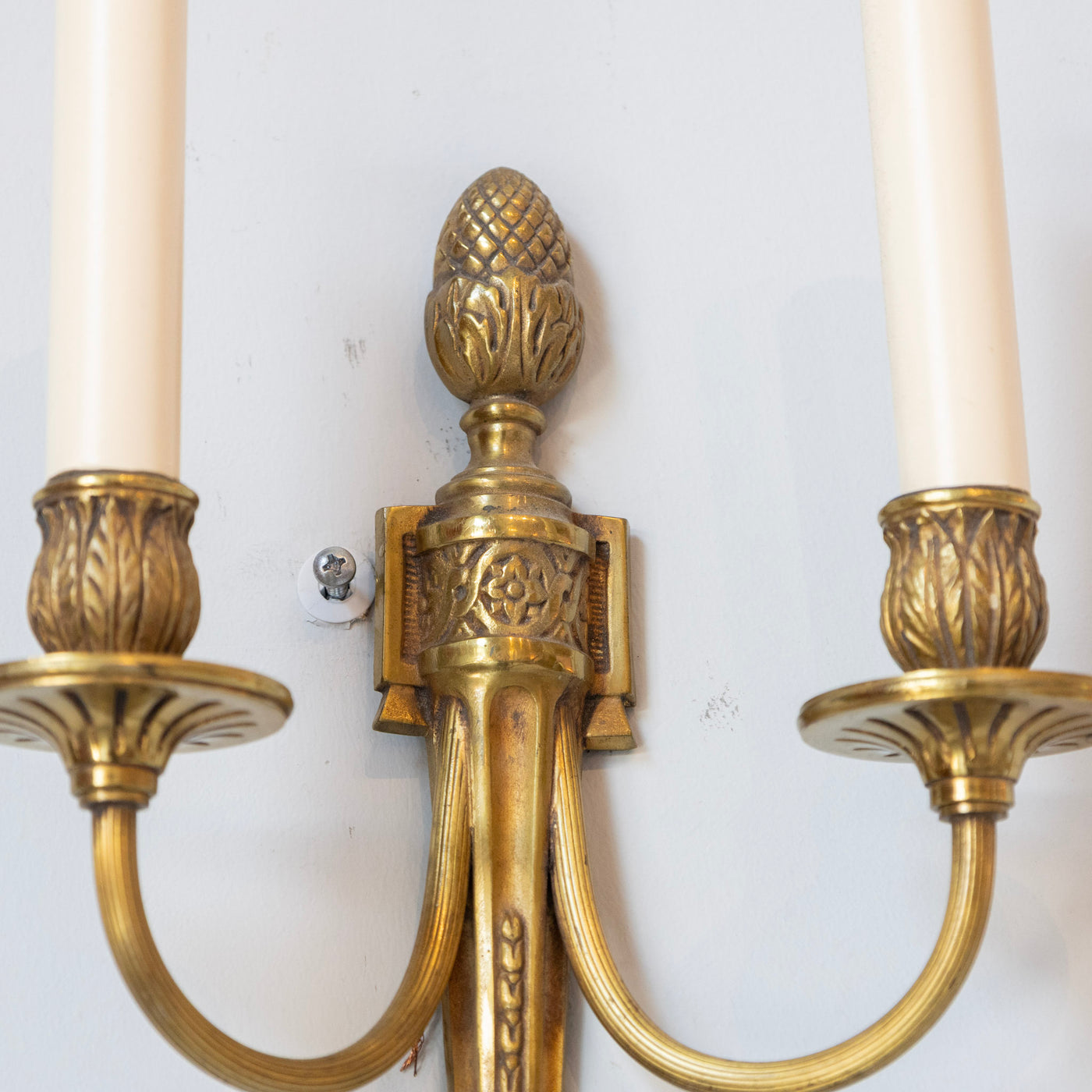 Louis XVI Brass Two-Arm Wall Sconce – Pinecone & Leaf Carvings