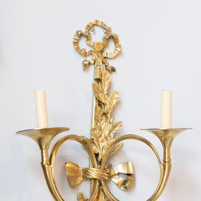 Pair of Louis XVI Brass Sconces – Bow Frame & Laurel Detailing - Wired Sconces | Le Chateau (Atlanta, GA) • 3