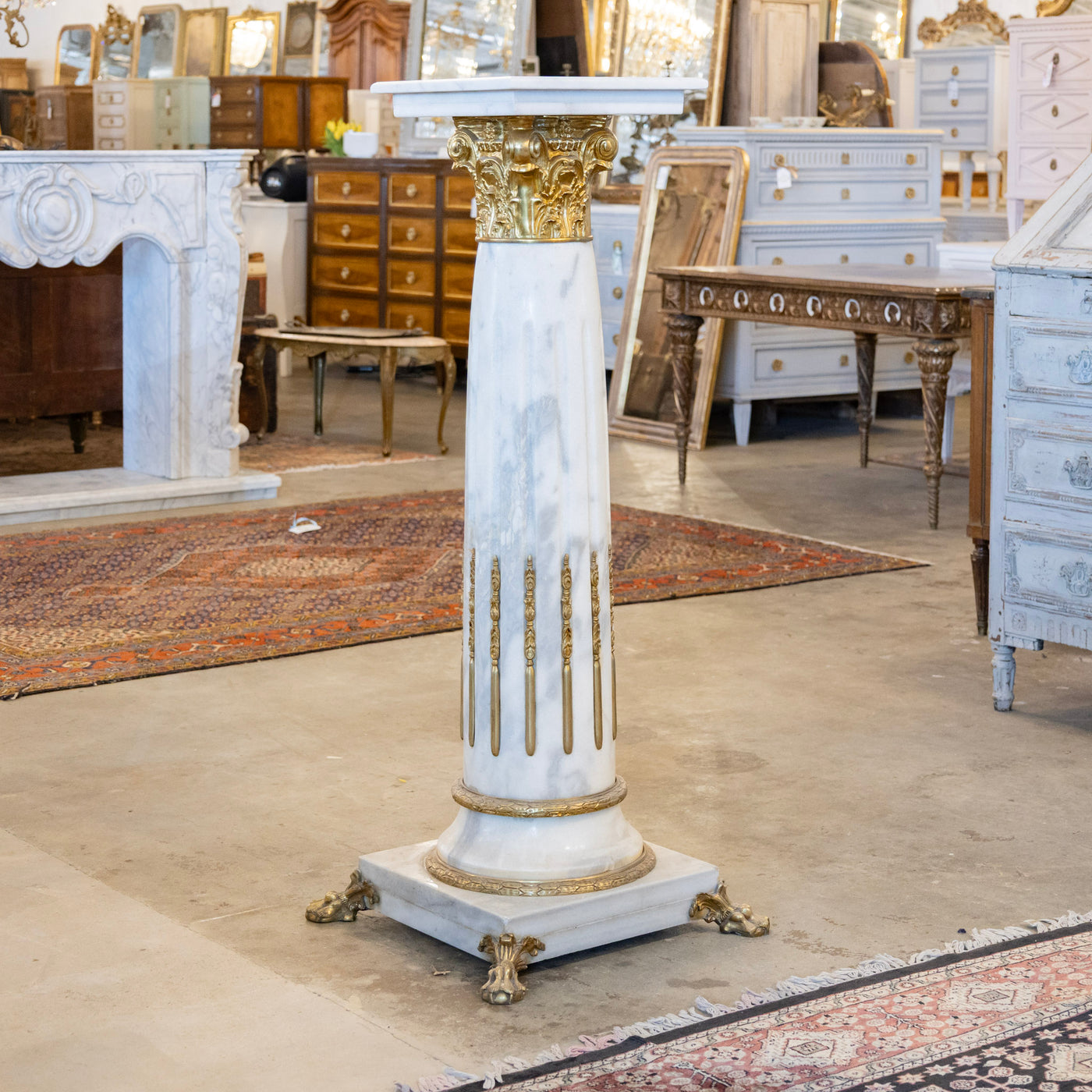 Ornate French White Marble Pedestal Column with Brass Trim – Le Chateau