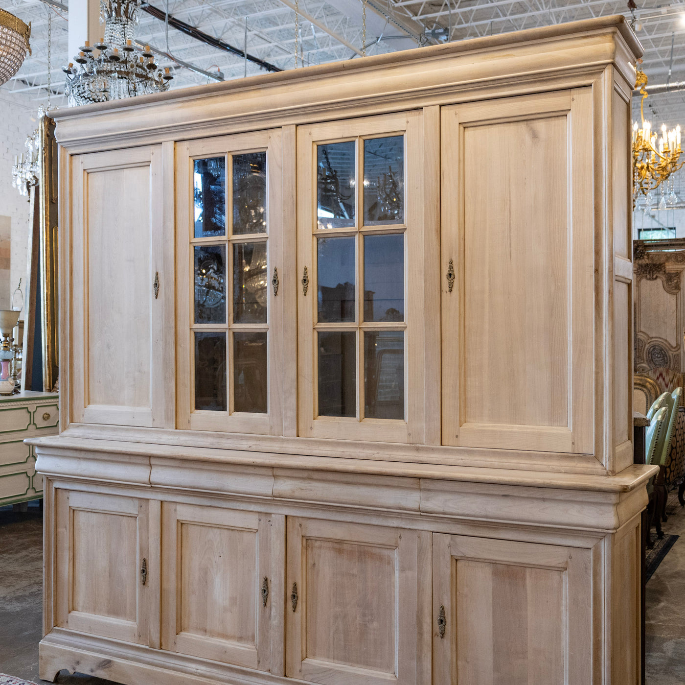 Louis Philippe Breakfront Cupboard – Light Wood Finish with Glass Panel Doors