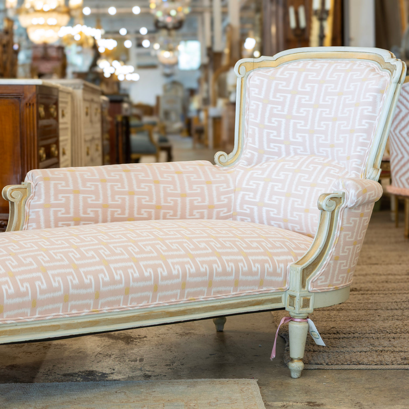 Louis XVI Chaise Lounge – Pink Greek Key Upholstery Carved